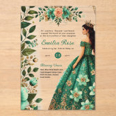 ACRYLIC Quinceañera Smaragdgroene Gouden Jurk Acryl Uitnodigingen (Voorkant)