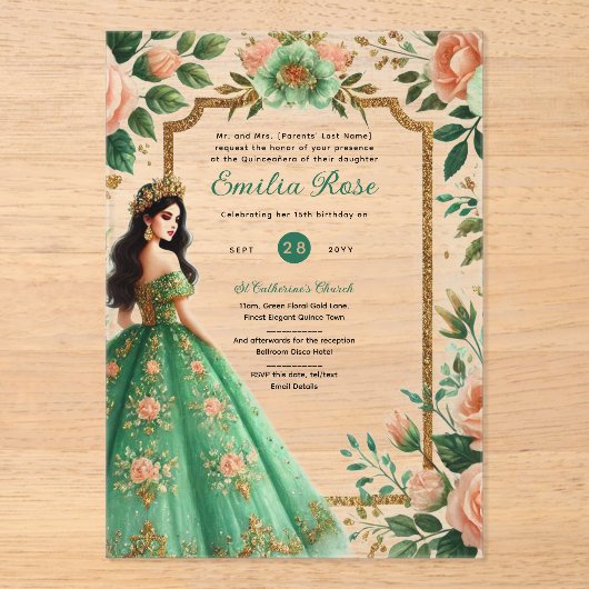 ACRYLIC Quinceañera Smaragdgroene Gouden Jurk Acryl Uitnodigingen (Voorkant)