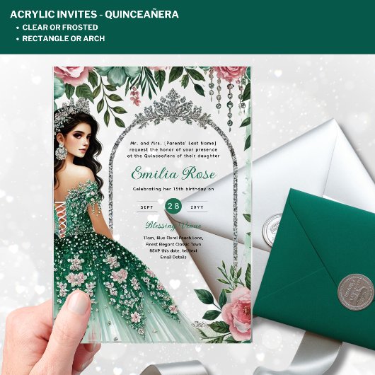 ACRYLIC Quinceañera Smaragdgroene Zilveren Jurk Acryl Uitnodigingen