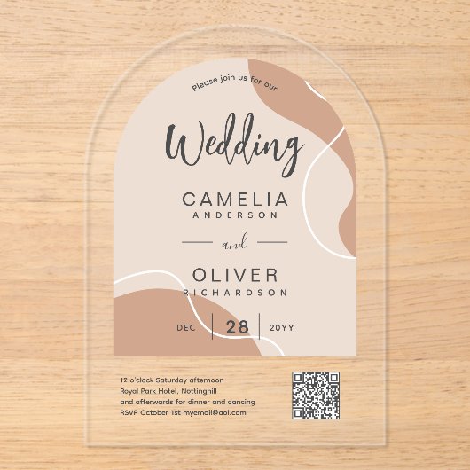 ACRYLIC TROUW Aardtinten Abstracte QR-code RSVP Acryl Uitnodigingen (Voorkant)