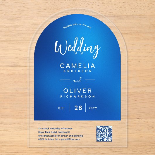 ACRYLIC TROUW Sky Blue Ombre QR Code RSVP Acryl Uitnodigingen (Voorkant)