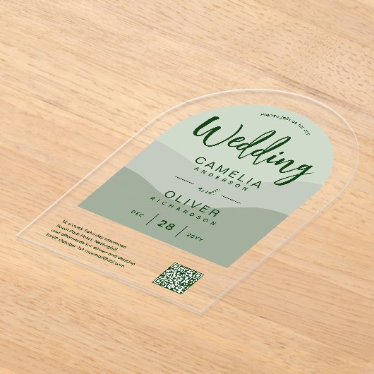 ACRYLIC TROUWEN Olijfgroen QR Code RSVP Website Acryl Uitnodigingen (Laagn)