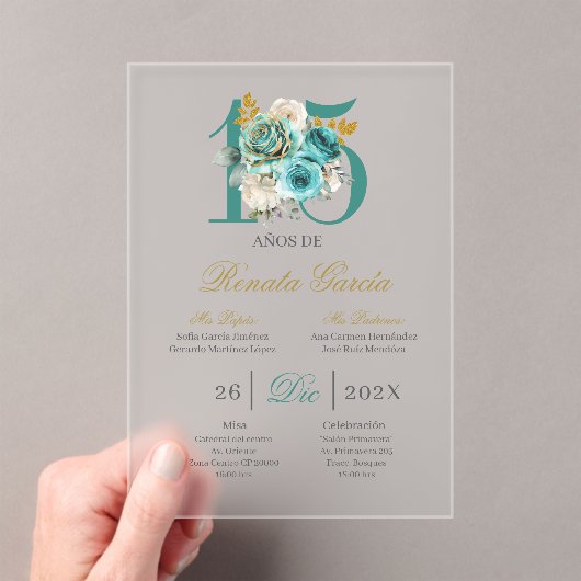 Acrylic Turqouise floral quinceañera invitation (In situ (ordinateur de poche))
