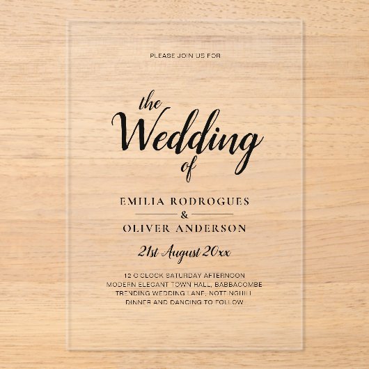 ACRYLICHOUTEN TROUWKAARTEN Minimalistisch Modern T Acryl Uitnodigingen (Voorkant)