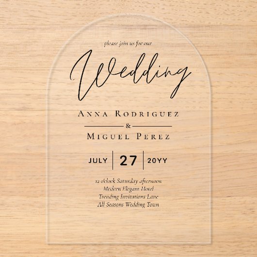 ACRYLICHOUTEN TROUWKAARTEN Minimalistisch Modern T Acryl Uitnodigingen (Voorkant)