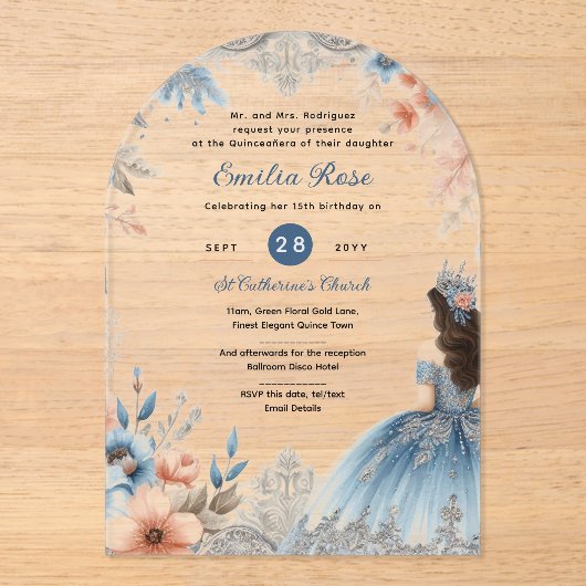 Acrylique Quinceañera Invitations Marine Robe Bleu (Recto)