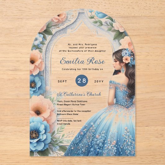 Acrylique Quinceañera Invitations Marine Robe Bleu (Recto)