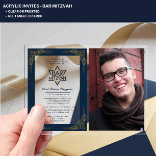 ACRYLISCHE BAR MITZVAH Foto Blauw Goud Elegant Mod Acryl Uitnodigingen