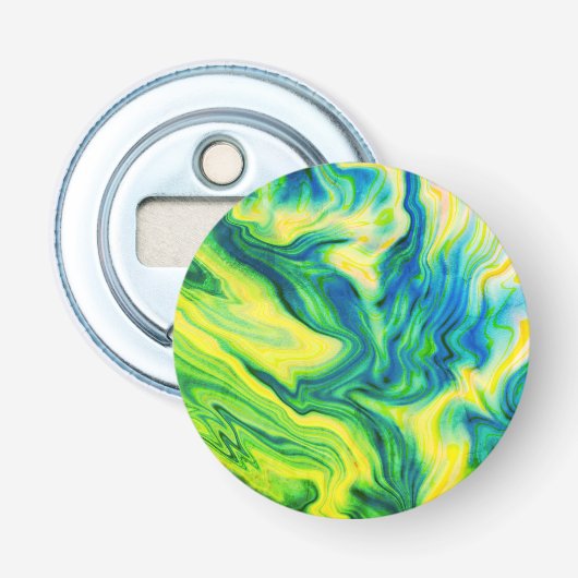 Acrylkleurstof, blauw, groen, geel / button flesopener (Voorkant)