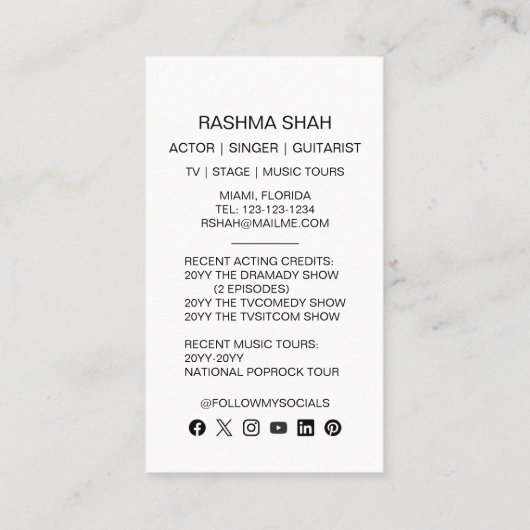 Acteur muzikant entertainment professionele foto visitekaartje (Achterkant)