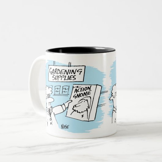 Action Gnome in Garden Center Tweekleurige Koffiemok (Voorkant links)