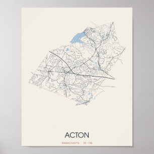 Acton, Massachusetts Plan de rue Poster – Fondée e