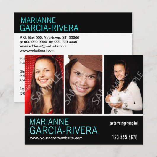 Actor Triple Headshot Stats Briefkaart (Voorkant / Achterkant)