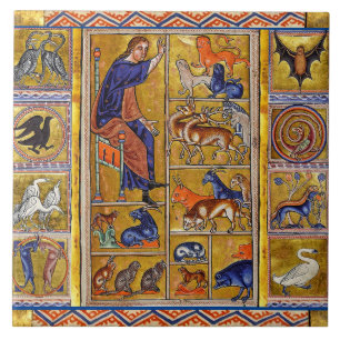 ADAM NAMING DIEREN, MEDIEVAL BESTIARY, DEERS, LION TEGELTJE