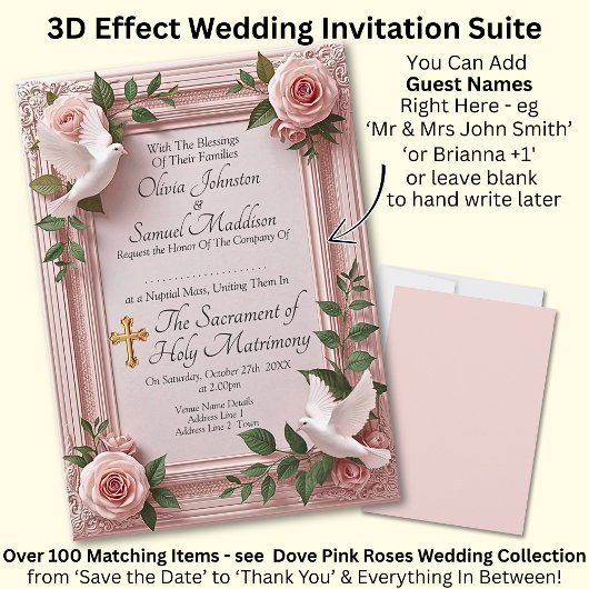 Add Guest Names, Doves and Pink Roses Invitation