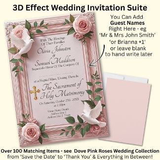 Add Guest Names, Doves and Pink Roses Invitation Kaart