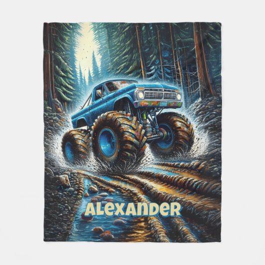 Add Name Text, Monster Truck in Forest Fleece Deken (Voorkant)