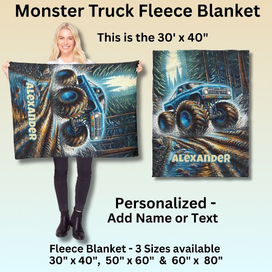 Add Name Text, Monster Truck in Forest Fleece Deken