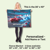 Add Name Text, Red Blue Race Cars Drifting Fleece Deken