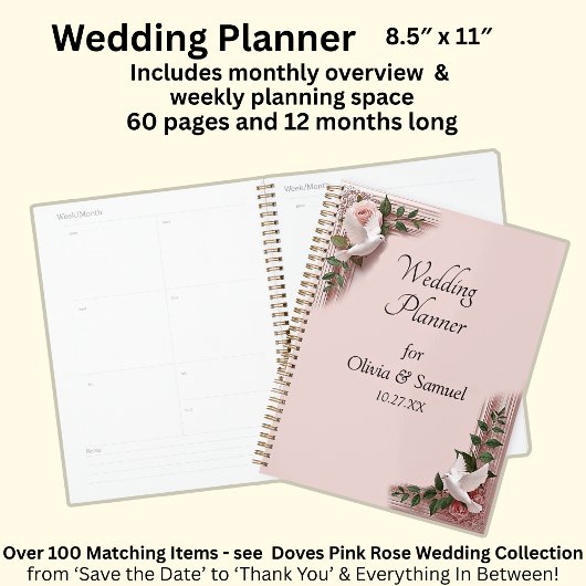 Add Names & Date Pink Roses & Doves Wedding