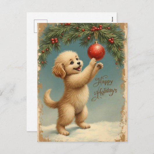 Add Your Text Season’s Greetings Puppy Postcard Feestdagenkaart (Voorkant / Achterkant)