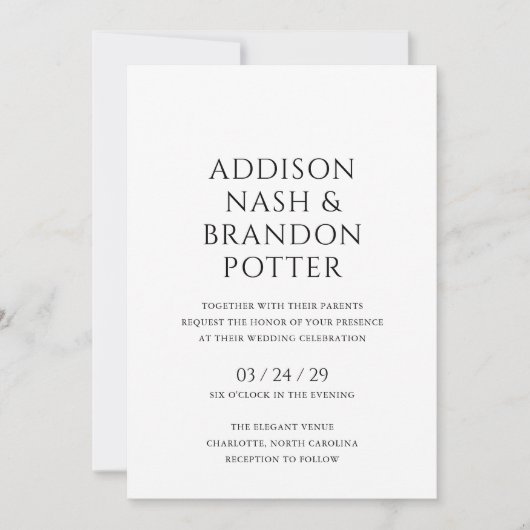 Addison Zwart en Wit Classic Elegant Bruiloft Kaart (Voorkant)