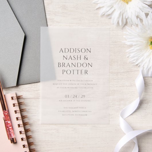 Addison Zwart en Wit Classic Elegant Bruiloft Vellum Uitnodigingen (Huwelijk)