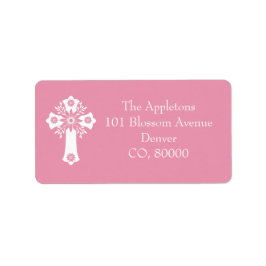 Address Labels Floral Cross Christening Rose Pink