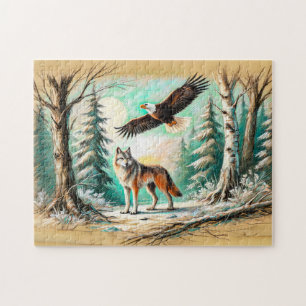 Adelaar en Wolf in het bos Pastel Krijt Tekening Legpuzzel