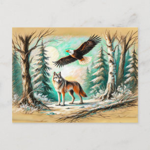 Adelaar en Wolf in het Bos Pastelkrijttekening Briefkaart