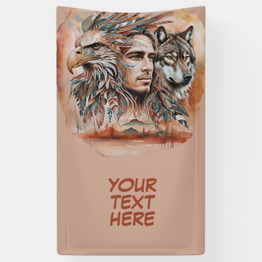 Adelaar - Man - Wolf - waterverf art 1 - Fan Fun Spandoek (Verticaal)