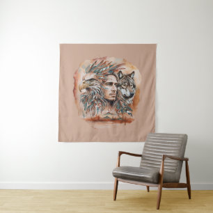 Adelaar - Man - Wolf - waterverf art 1 - Fan Fun Wandkleed