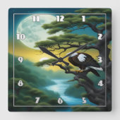 Adelaar op boomtak onder volle maan vierkante klok (Voorkant)