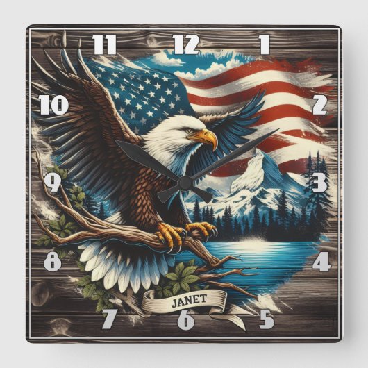 Adelaar van American Flag Vierkante Klok (Voorkant)
