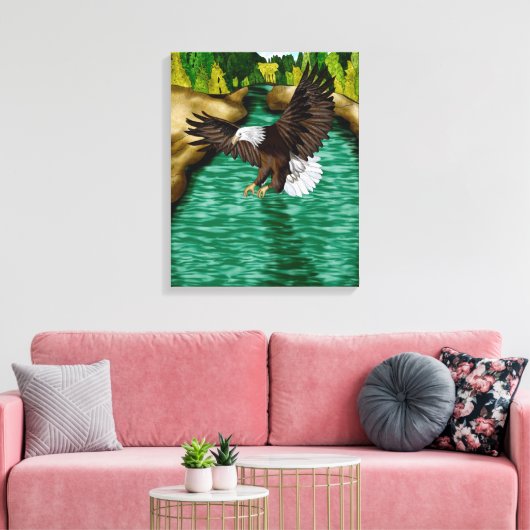Adelaar Vliegen over de rivier in de bergen Canvas Afdruk (Insitu (Woonkamer))