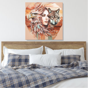 Adelaar - Vrouw - Wolf - watercolor kunst 1 - Fan Canvas Afdruk