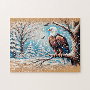 Adelaar zittend op boom tijdens sneeuwval in de wi legpuzzel