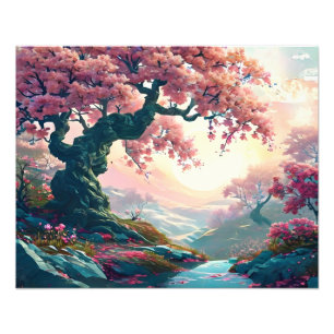 Adembenemende roze bloesem boom schilderij foto afdruk