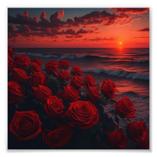 Adembenemende zonsondergang rode rozen - verbluffe foto afdruk (Voorkant)