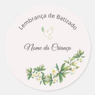 Adesivo de Batizado Floral com Pomba Personalizado Ronde Sticker