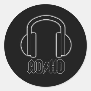 ADHD-hoofdtelefoon Terug in zwart (ACDC Parody) ti Ronde Sticker