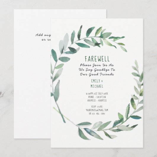 Adieu Sortir de la fête Invitation Olive Feuilles (Devant / Derrière)