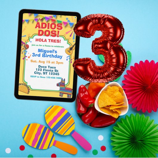Adios Dos, 3rd Birthday Fiesta Invitation Kaart