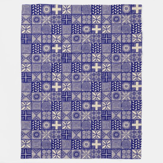 Adire Pattern - Deep Blue en Beige Fleece Deken (Voorkant)