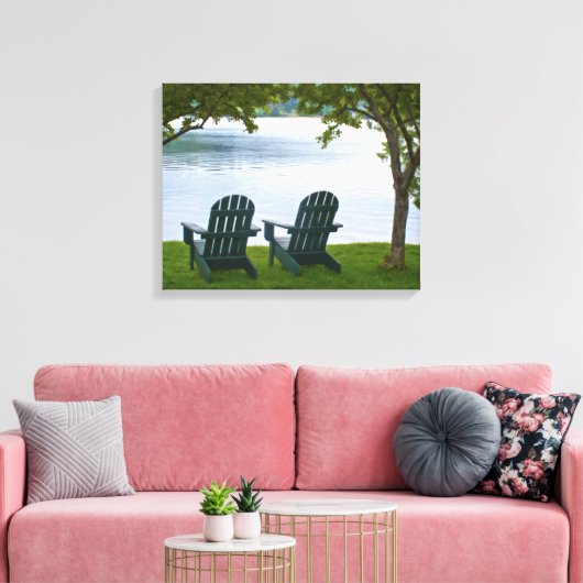 Adirondack Chairs tegenover een meer Canvas Afdruk (Insitu (Woonkamer))