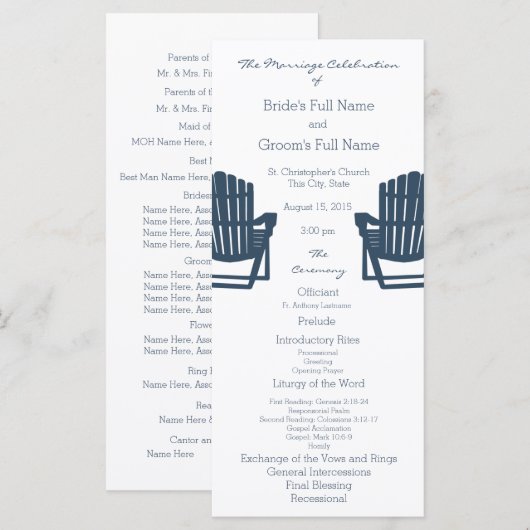 Adirondack Chaises Blue Beach Wedding Programme (Devant / Derrière)