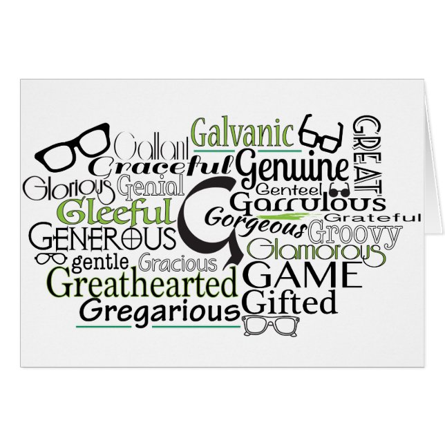 Adjectief Word Cloud beginnend met letter G (Voorkant Horizontaal)