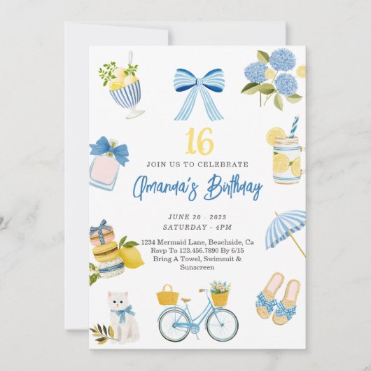 Ado Fille été bleu jaune Anniversaire Invitation (Devant)