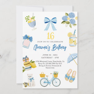 Ado Fille été bleu jaune Anniversaire Invitation