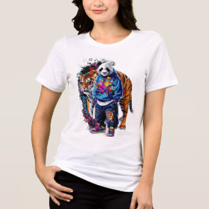 ADOM Premium Artistieke Panda & Tijger Grafische D Tri-Blend Shirt
